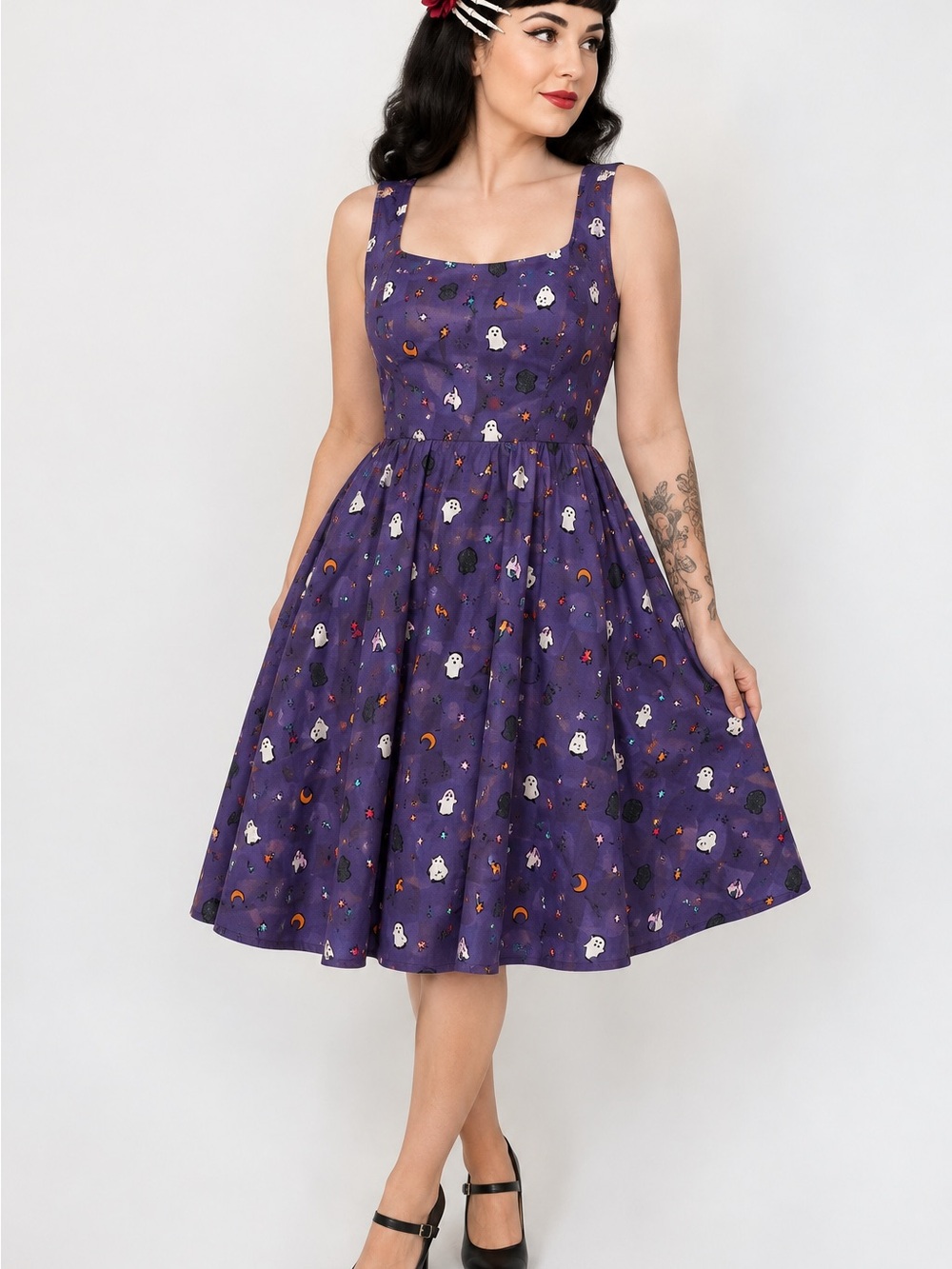 Retrolicious Purple Halloween Ghost Print Fit & Flare Midi Dress